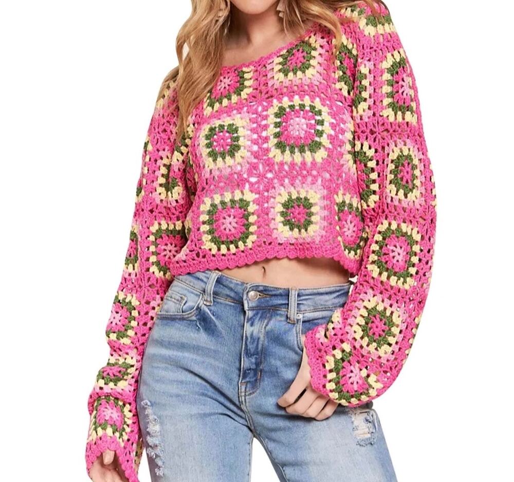 Womens Crochet Tops Flower Square Knitted Pullover Hollow size small